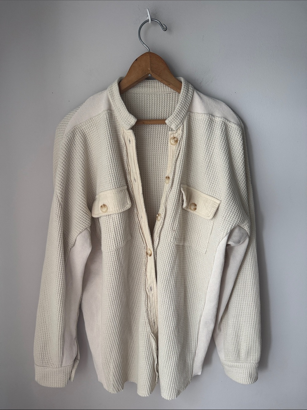 Waffle Knit Shacket Oversized Thermal Button Front Cream Neutral